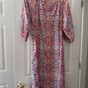 ANN MASHBURN Red and Blue Patterned Long Sleeve Dress